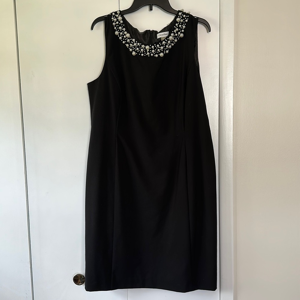 Black Calvin Klein Shift Dress with Pearl Detail worn twice size 18